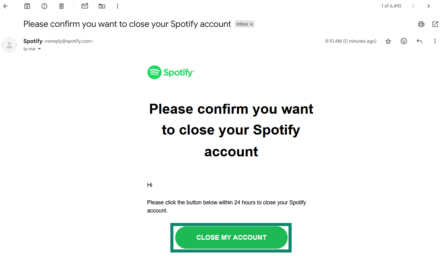 A screenshot of an email from Spotify, inviting the user to confirm account deletion.
