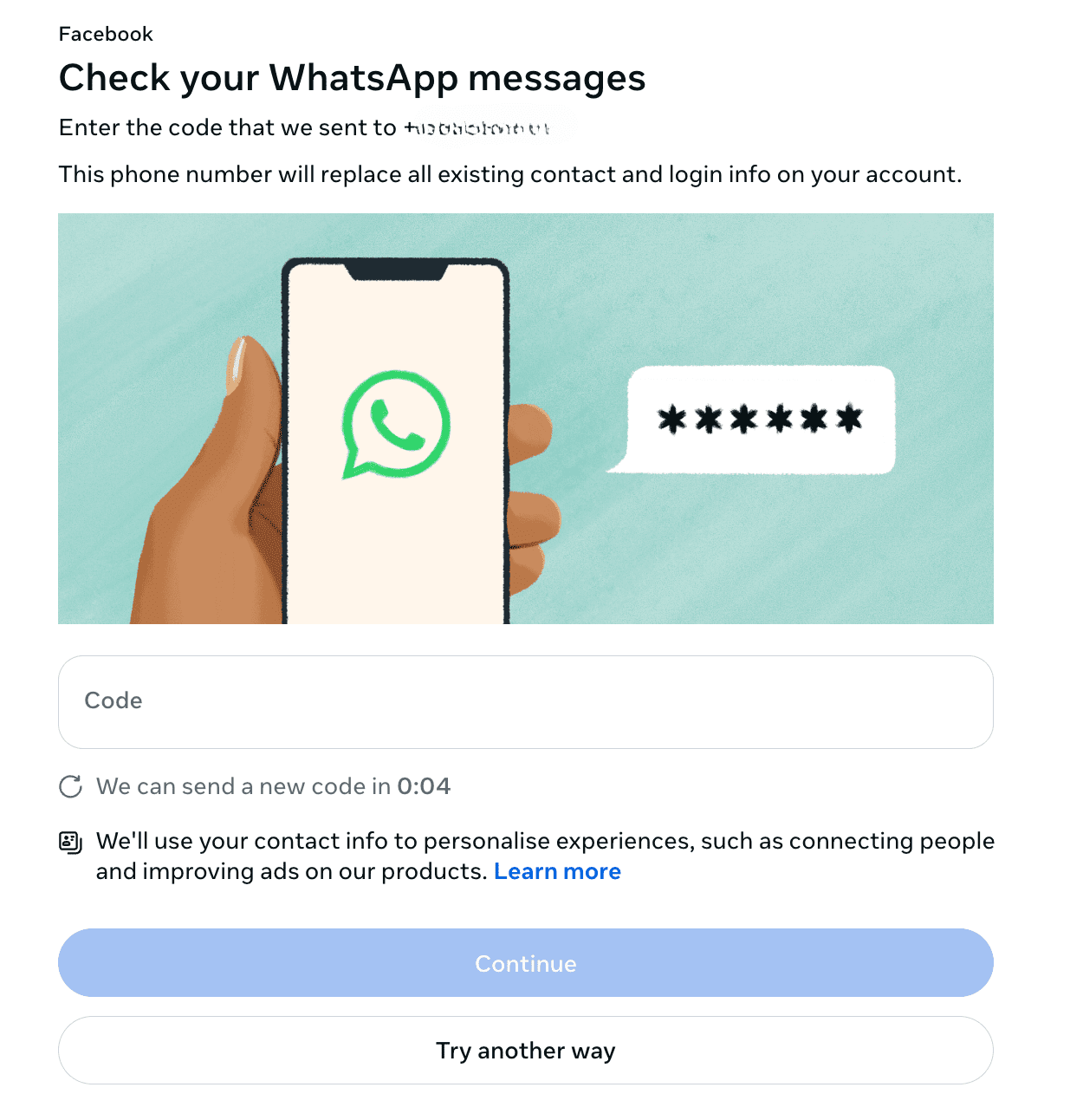 Screen for entering your recovery code in Facebook.