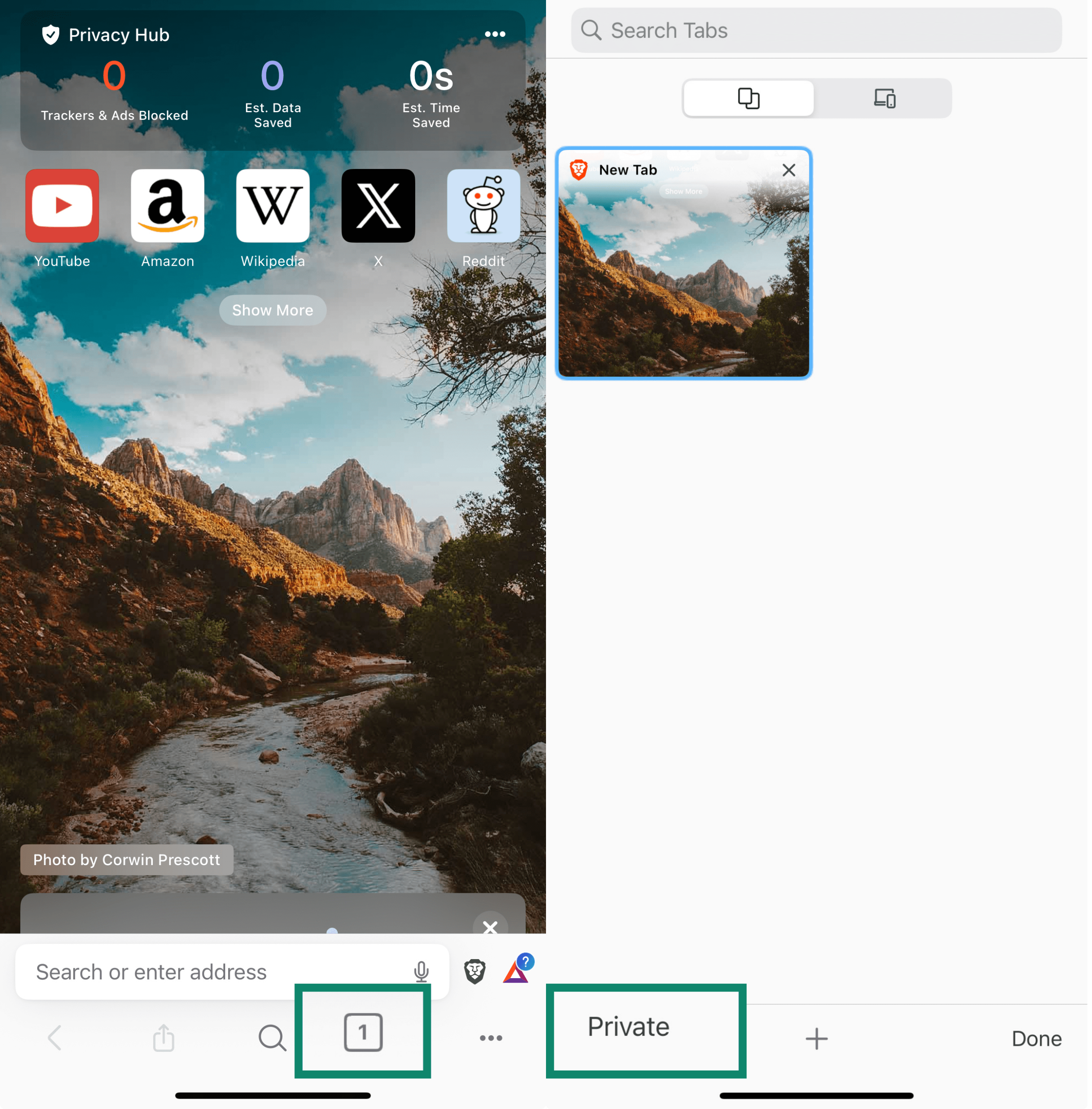 Two side-by-side screenshots of the Brave browser on iPhone. The left screenshot highlights the tab icon in the bottom-right corner. The right screenshot shows the tab switcher with “Private” selected to enable private browsing mode.