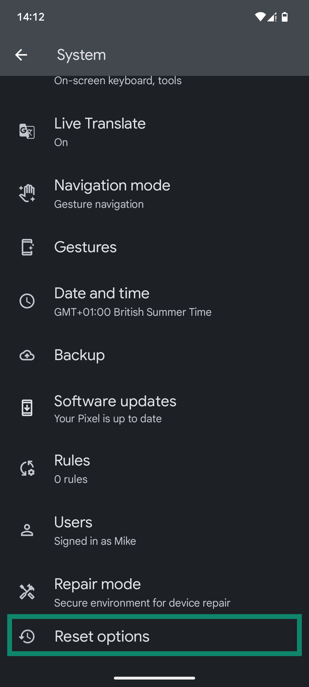 The System settings page of the Android Settings app, with the "Reset options" button highlighted.