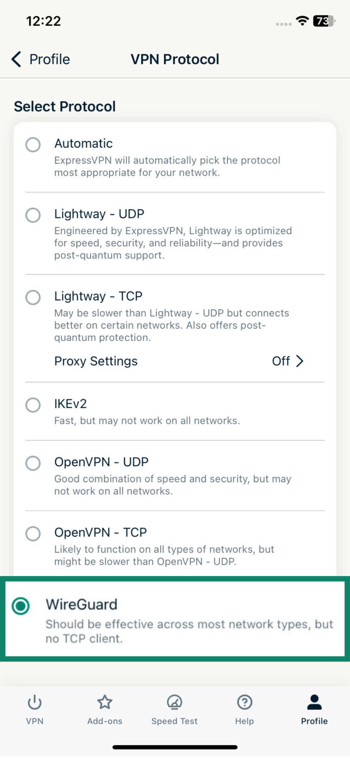 Screenshot of the ExpressVPN app with the “VPN protocol” tab open and “WireGuard” option highlighted