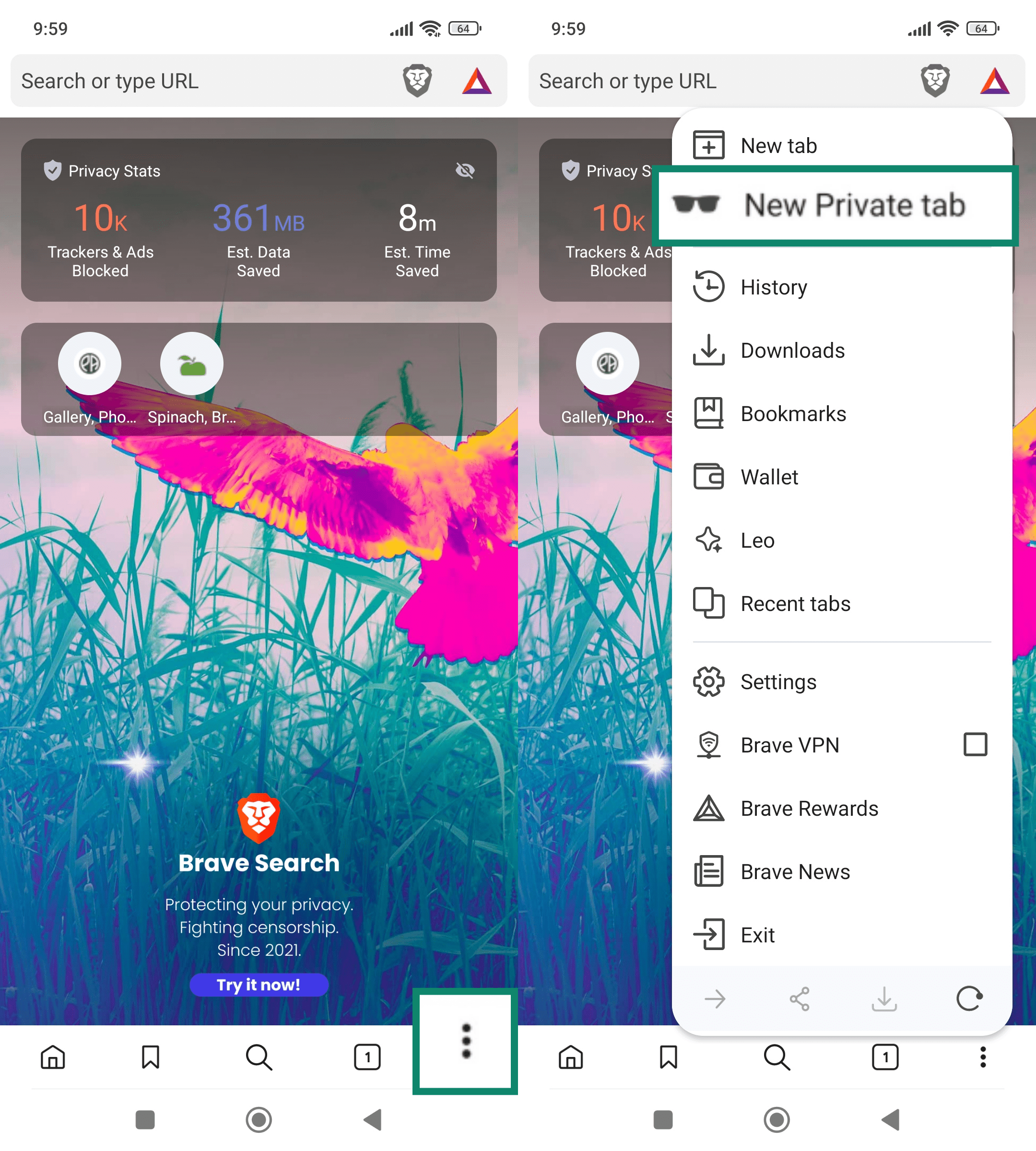 Two side-by-side screenshots of the Brave browser on Android. The left screenshot highlights the three vertical dots menu icon in the bottom-right corner. The right screenshot shows the drop-down menu with “New Private tab” highlighted.