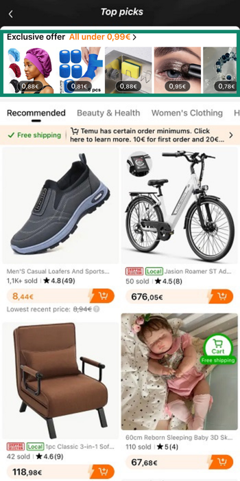 Temuapp display showing products priced under 1 euro in the exclusive offer section.