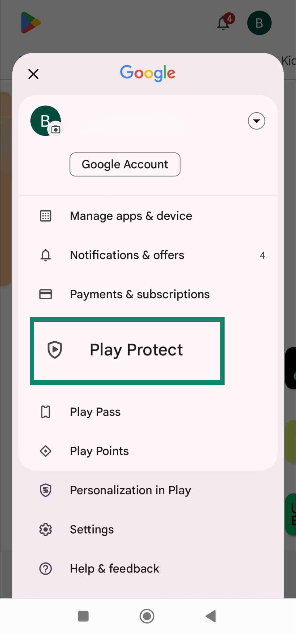 Google Play Store menu highlighting Play Protect option