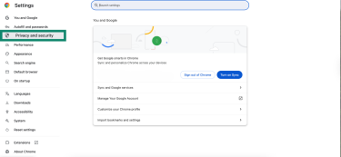 Chrome settings page with the Privacy and security option highlighted in the left sidebar.
