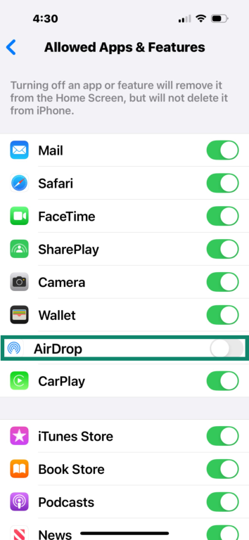 Menu showing AirDrop toggled off.