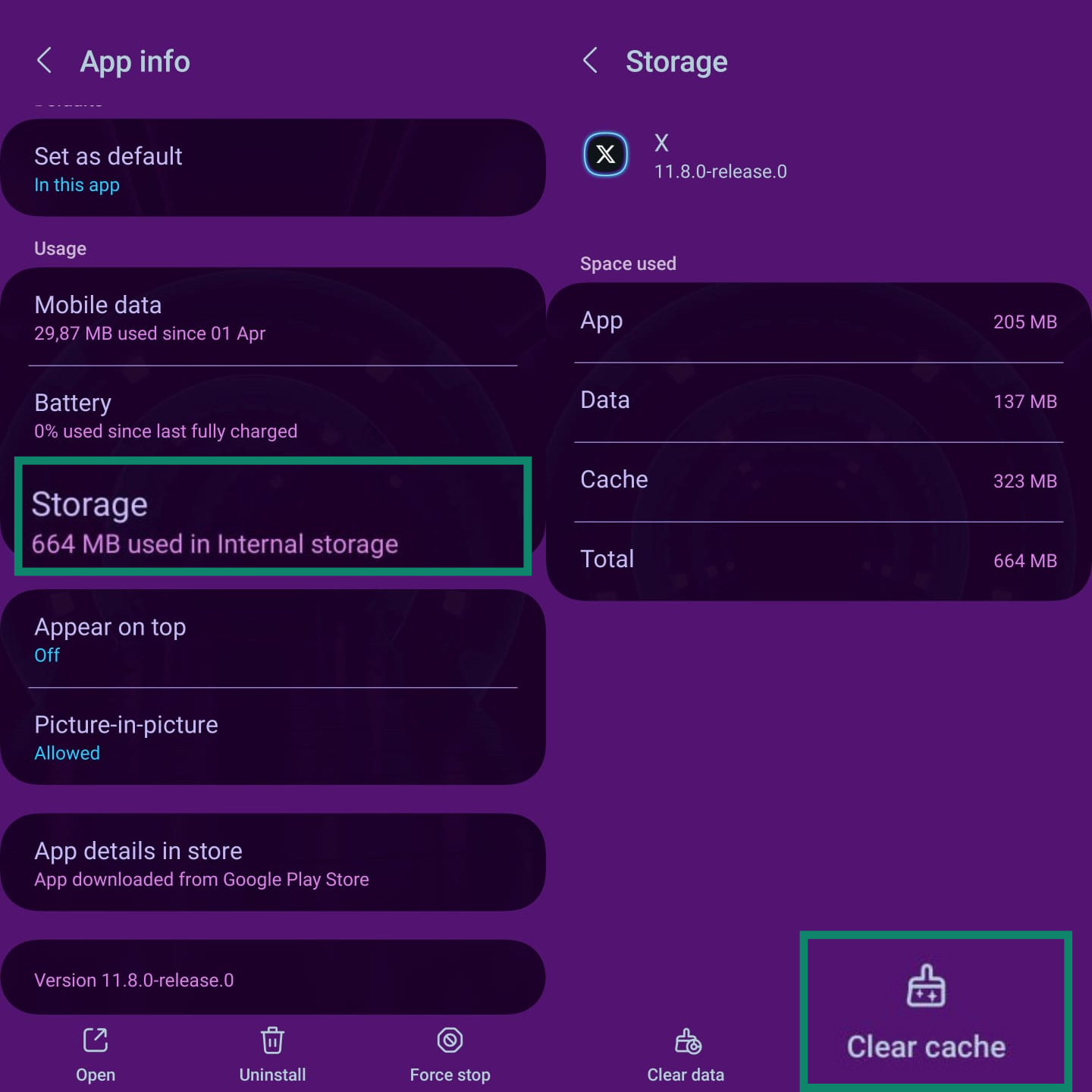 Two side-by-side screenshots showing how to clear the cache for the X app on Android. The first shows the "Storage" option in App info, and the second shows the "Clear cache" button on the Storage screen.