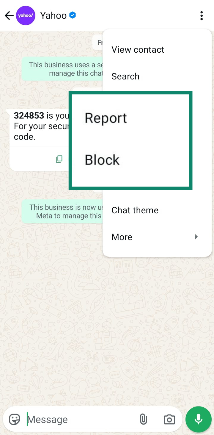 The menu in a WhatsApp chat with the 'Report' and 'Block' options highlighted together, showing how to take action against a suspicious contact.
