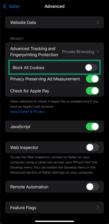 Safari Advanced settings on iPhone showing the "Block All Cookies" toggle.