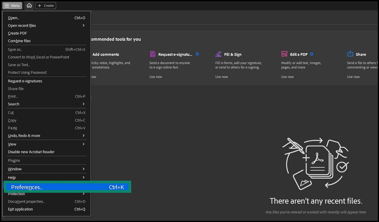 Imagen de la pantalla de Adobe Acrobat que muestra las preferencias.
