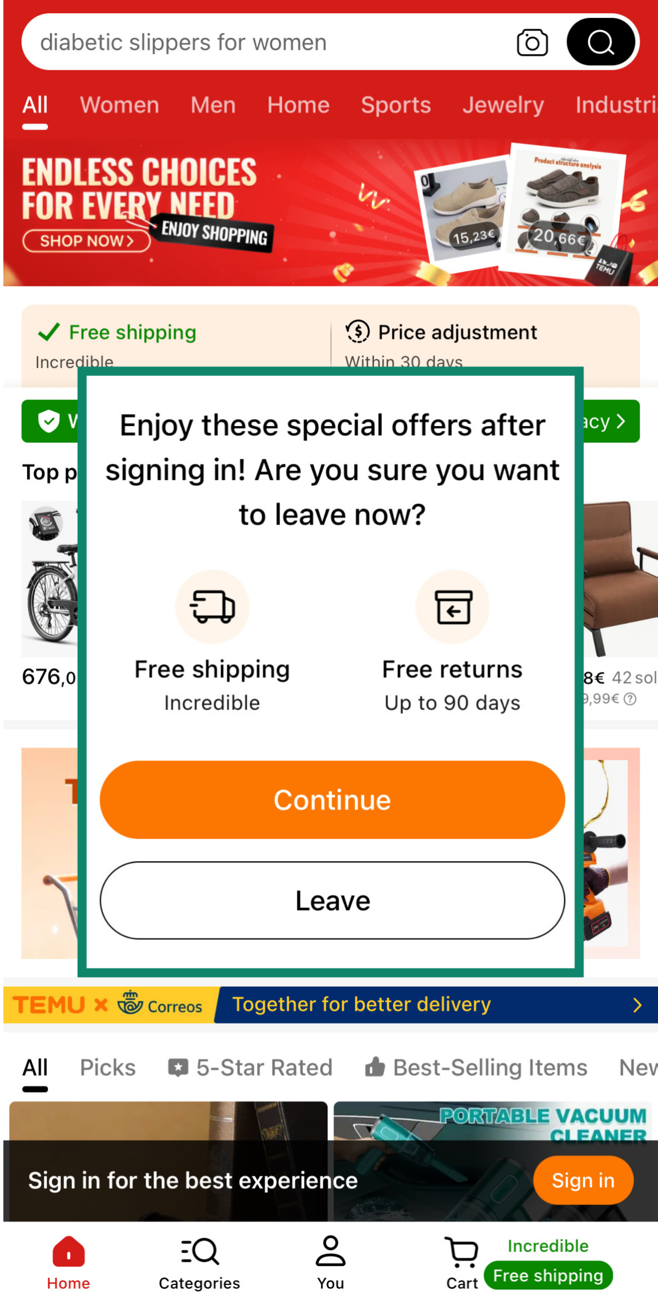 Temuapp pop-up offering free shipping and returns to discourage users from leaving