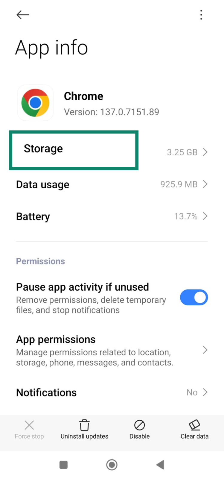 App info screen for Chrome on Android with Storage option highlighted.