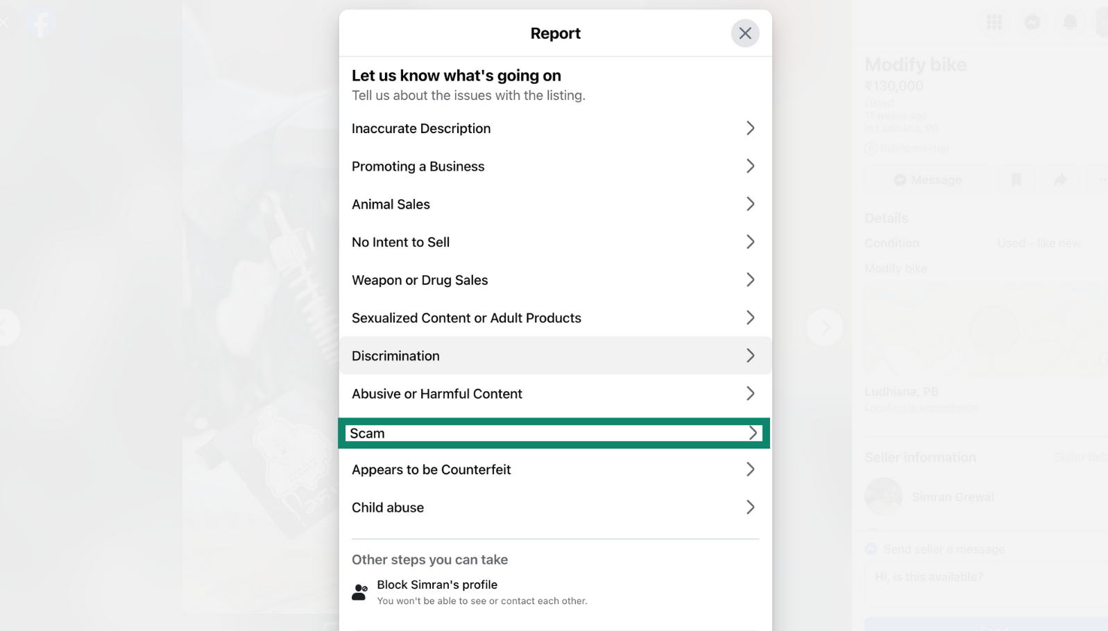 Facebook Marketplace report menu showing scam-related reporting options