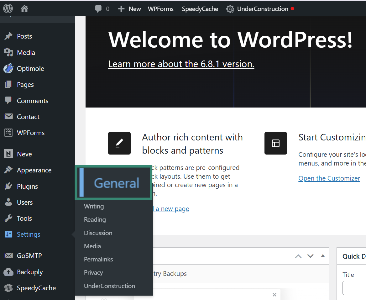 The WordPress admin menu showing the settings tab with the General option highlighted.