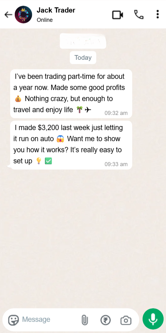 A message promoting a crypto get-rich-quick scam on WhatsApp. The sender boasts, “I made $3,200 last week just letting it run on auto” to lure the recipient.