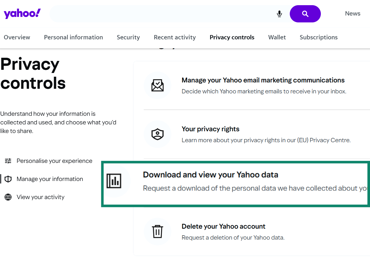 Yahoo Privacy Controls Dashboard, with the Download and view your Yahoo data option highlighted.