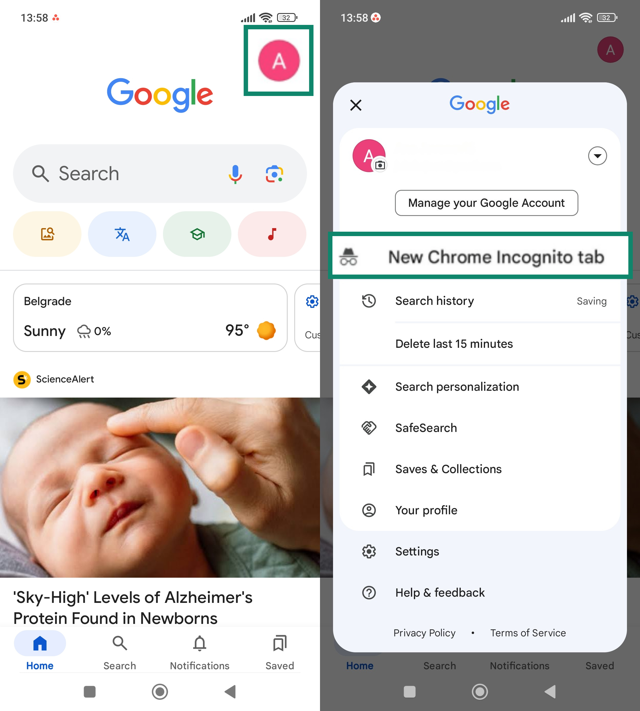 Two side-by-side screenshots of the Chrome app on Android. The left screenshot highlights the user’s profile icon in the bottom-right corner. The right screenshot shows the menu with “New Chrome Incognito Tab” highlighted.