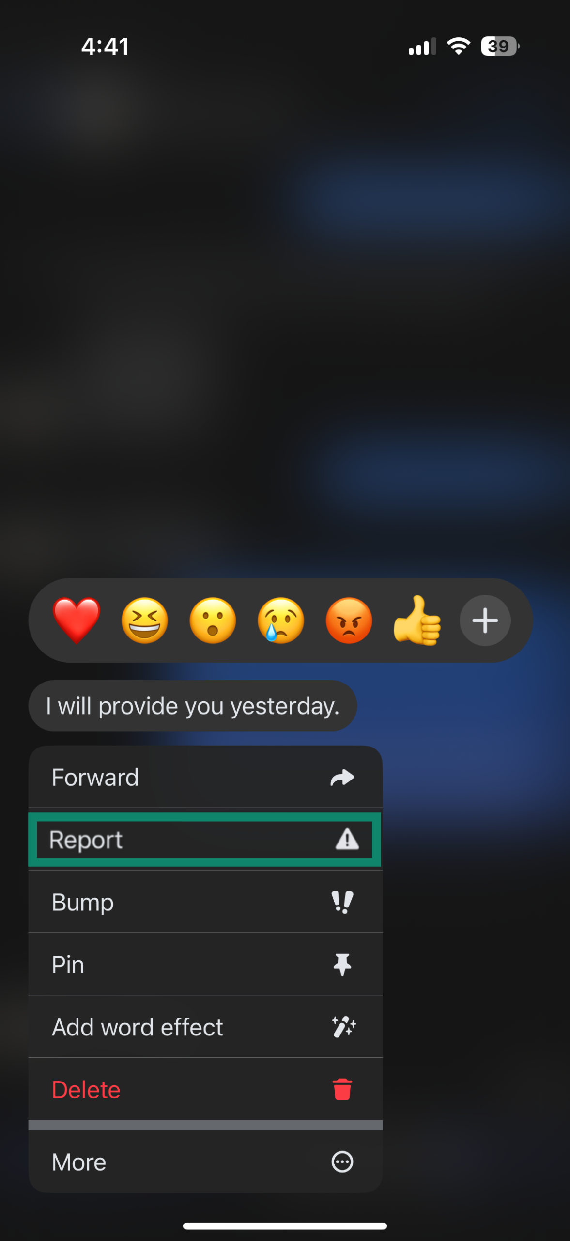Screenshot of Facebook Messenger on iPhone showing the message options menu after holding a message
