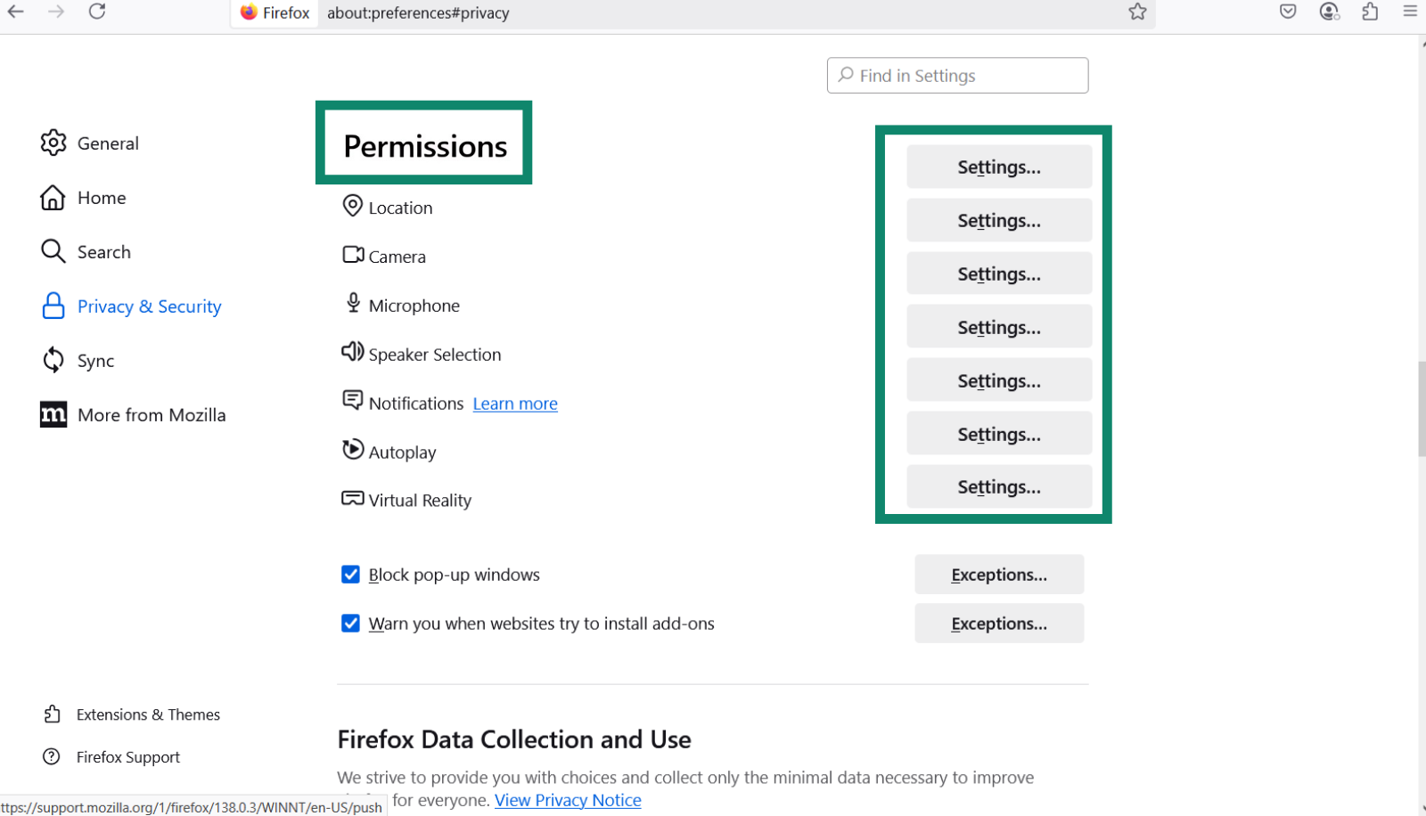 The Firefox Privacy & Security settings, scrolled down to Permissions.