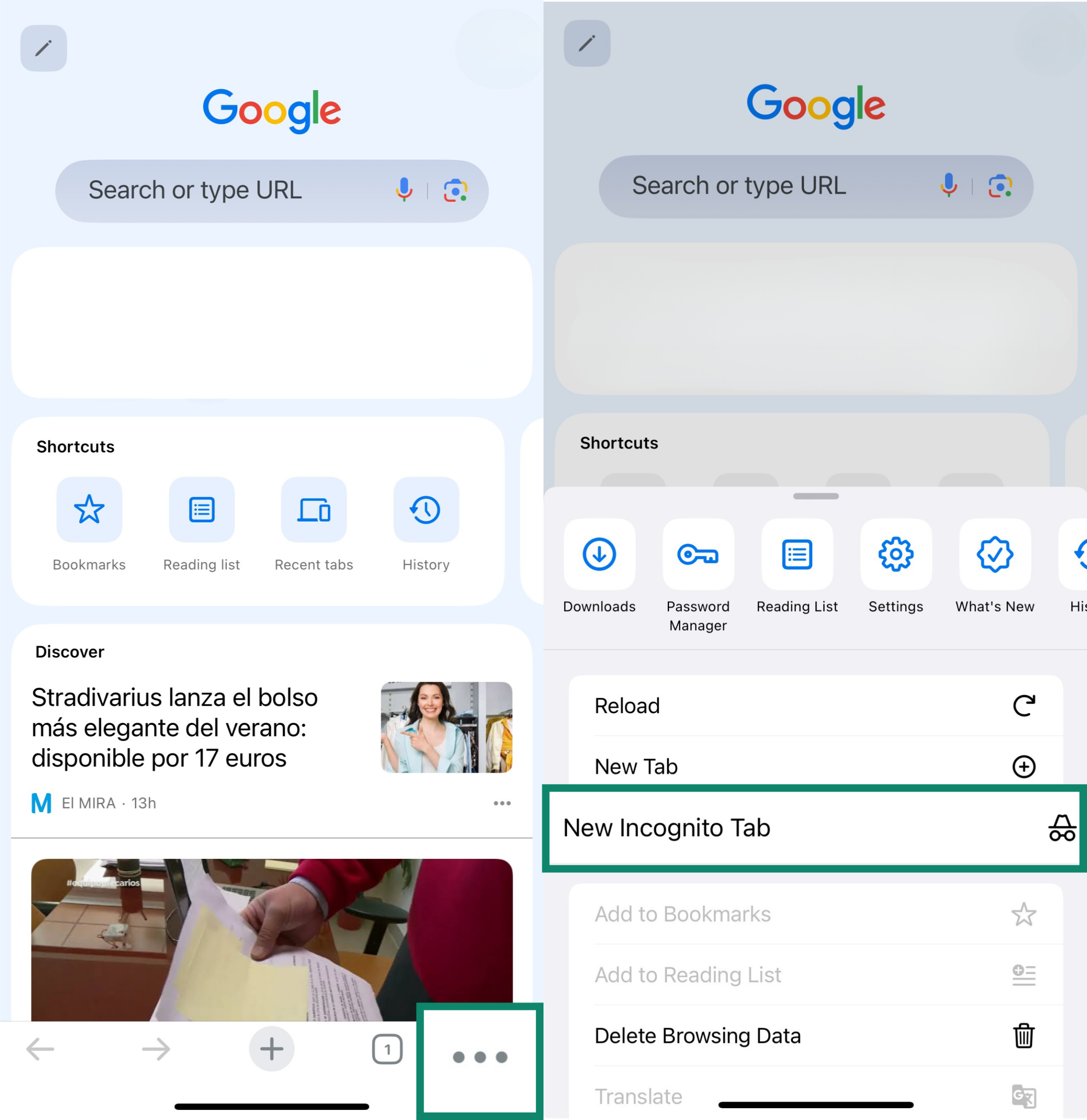 Two side-by-side screenshots of the Chrome app on iPhone. The left screenshot highlights the three-dot menu icon in the bottom-right corner. The right screenshot shows the menu open with “New Incognito Tab” highlighted.