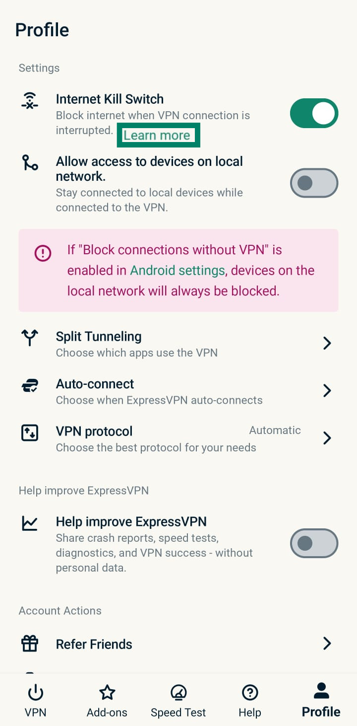 ExpressVPN Android app interface displaying the Profile tab with Internet Kill Switch toggled on and Learn more highlighted.