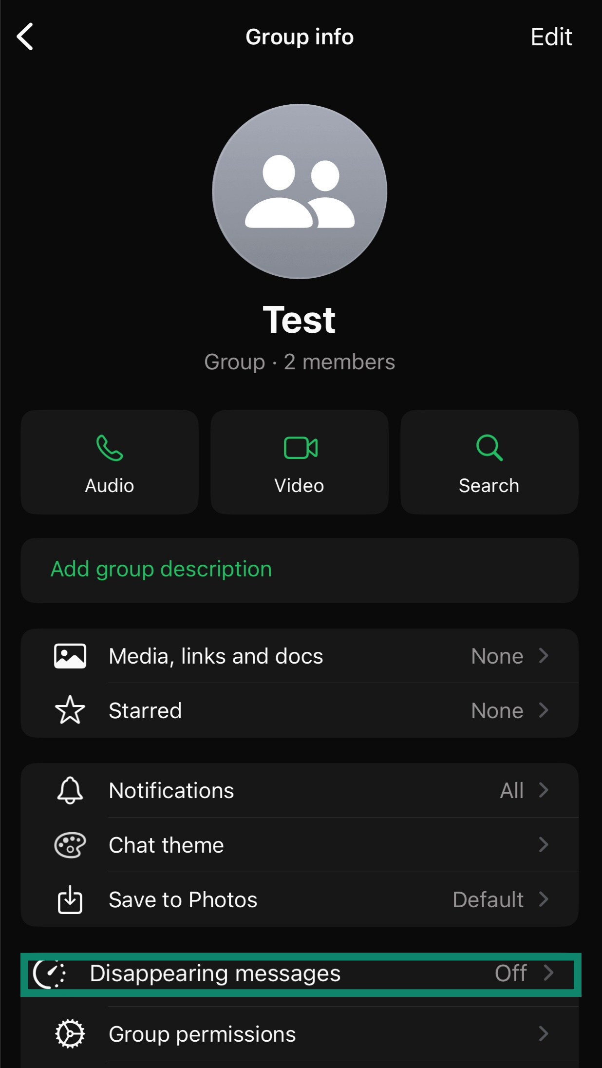 WhatsApp group settings screen with Disappearing messages highlighted.