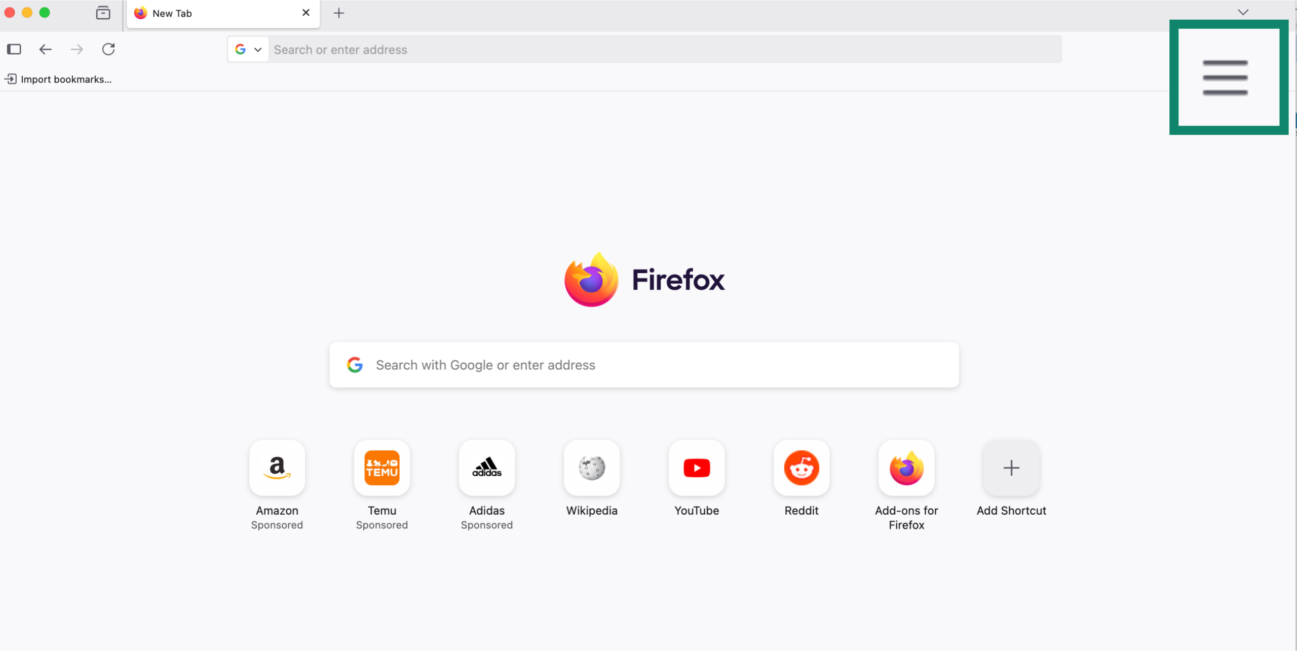 Firefox desktop home screen with menu button highlighted for private browsing access