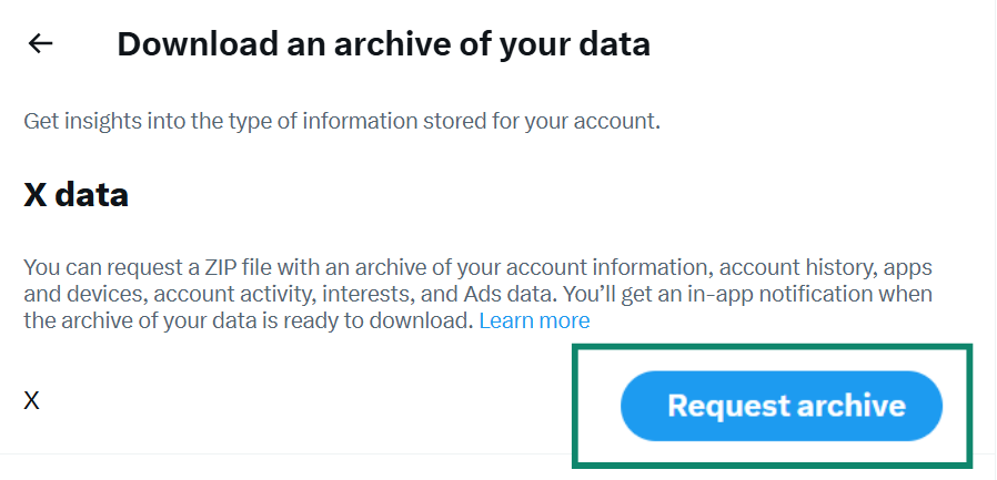 The "Download an archive of your data" screen on X, with a blue button to "Request archive".