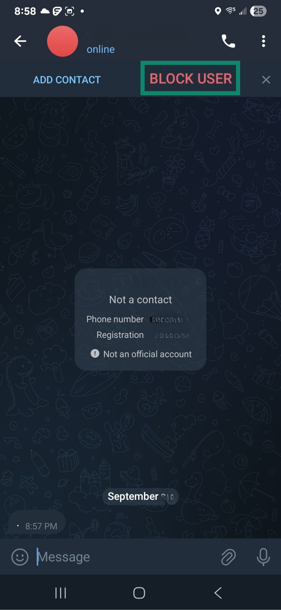 Telegram screen showing Block user option.