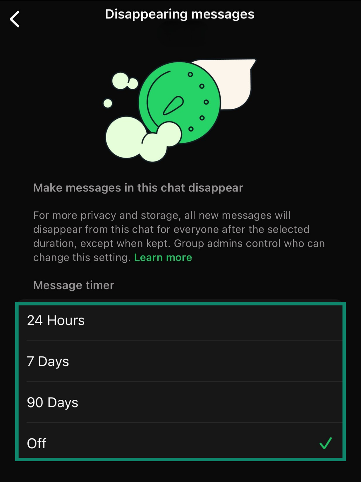 WhatsApp disappearing messages settings screen with pre-configured timelines highlighted.