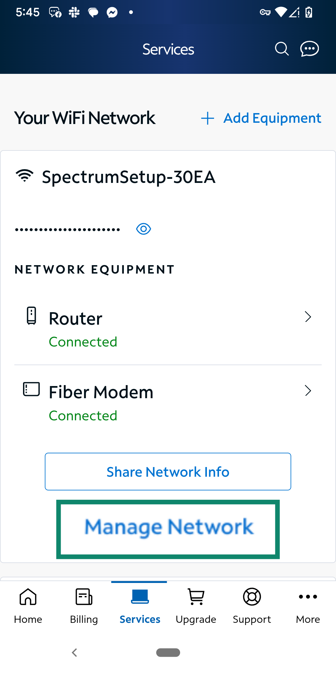 Spectrum app screen with "Manage Network" option highlighted.