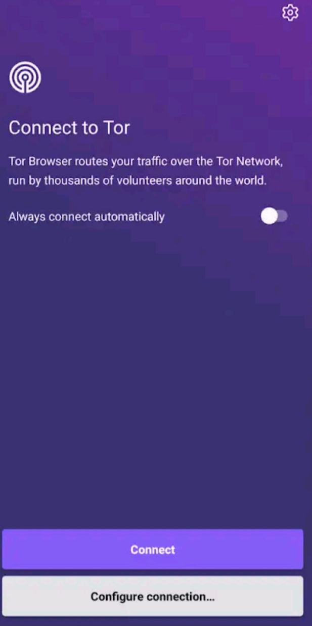 The Connect to Tor page of the Android Tor Browser app, showing the Connect button.