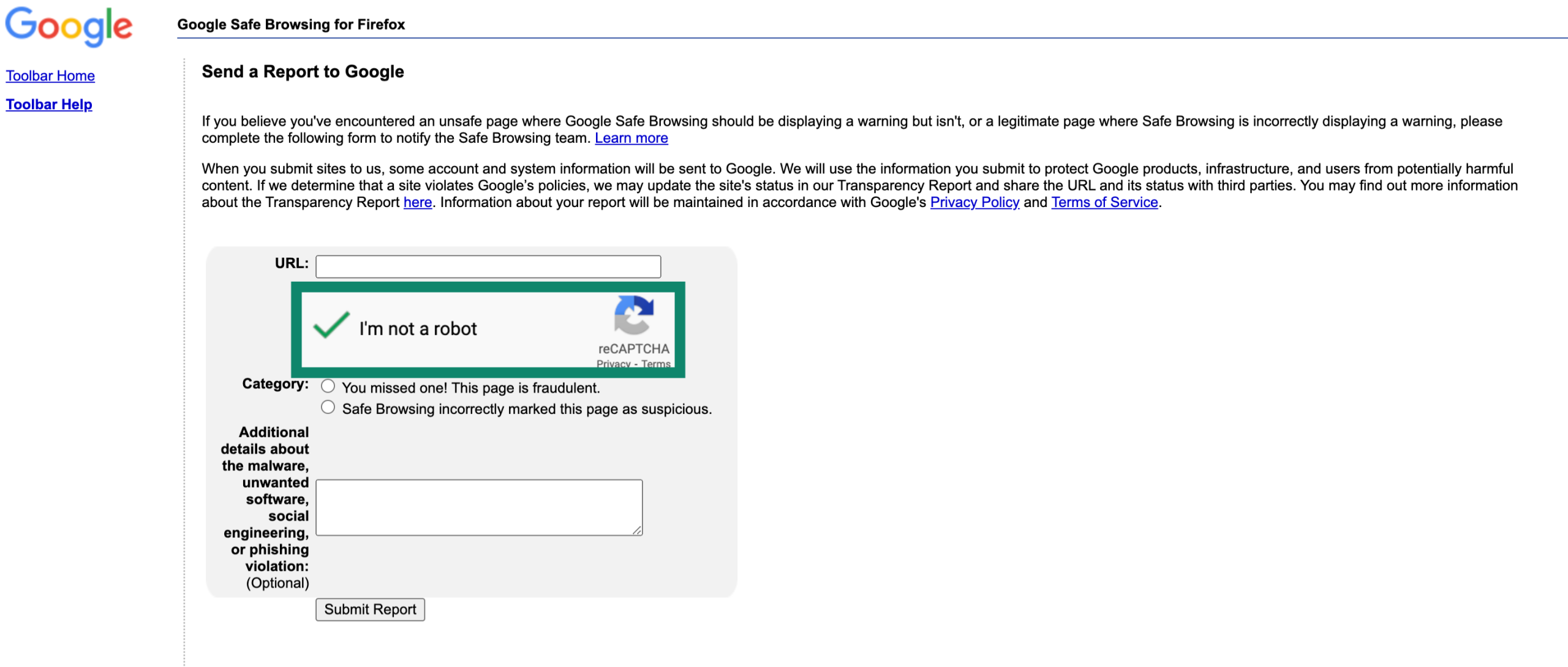 Página de navegación segura de Google con I