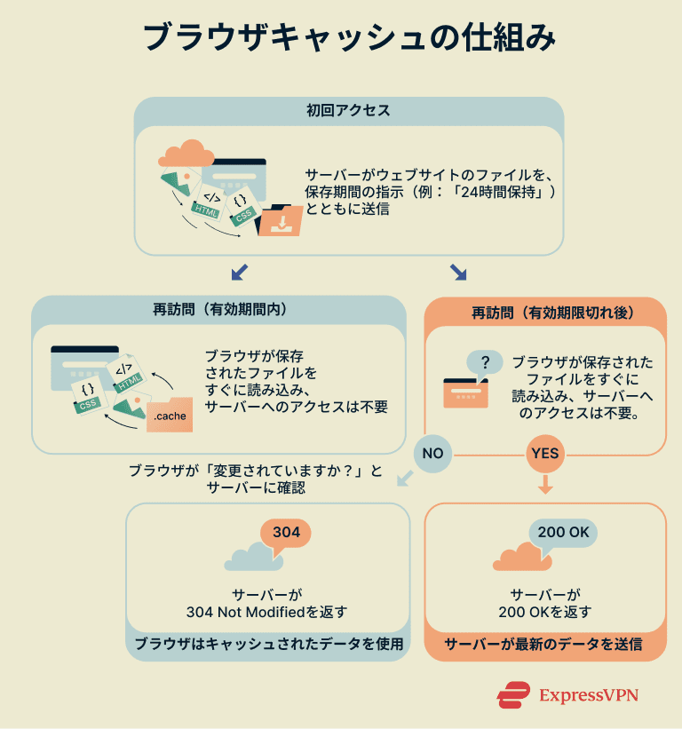How browser cache saves website files locally on the first visit and reuses them on subsequent visits.