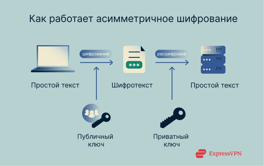 A flowchart explaining the concept of asymmetric encryption. The process starts with plaintext, which is encrypted into ciphertext using a public key. A different, corresponding private key is then used to decrypt the ciphertext, turning it back into readable plaintext for the recipient.