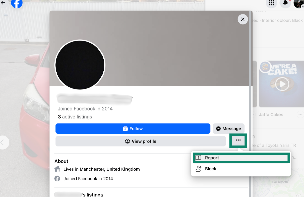 An option to report a Facebook Marketplace seller.