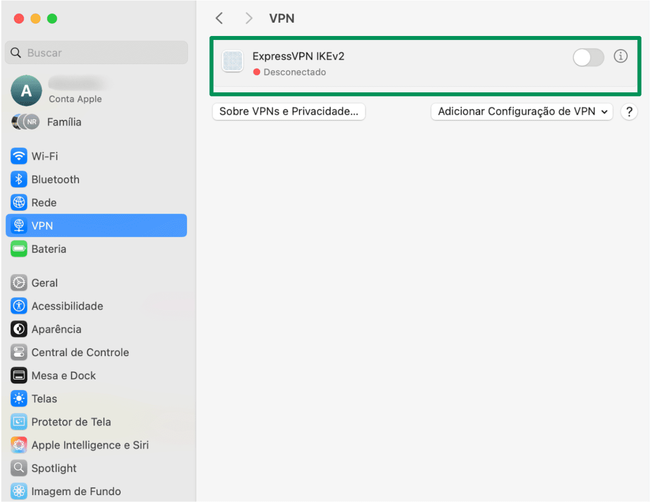 A screenshot of the VPN settings on a Mac, showing the option to toggle the VPN connection off or on.