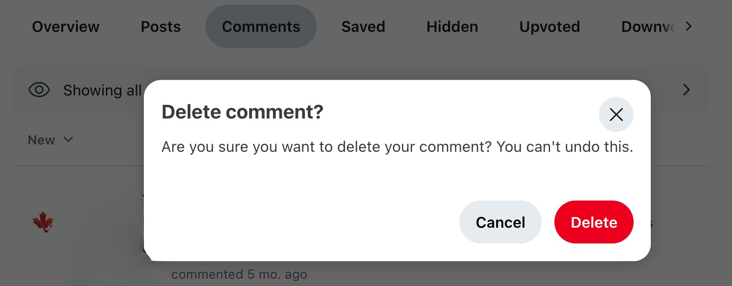 Reddit web page comment deletion confirmation.