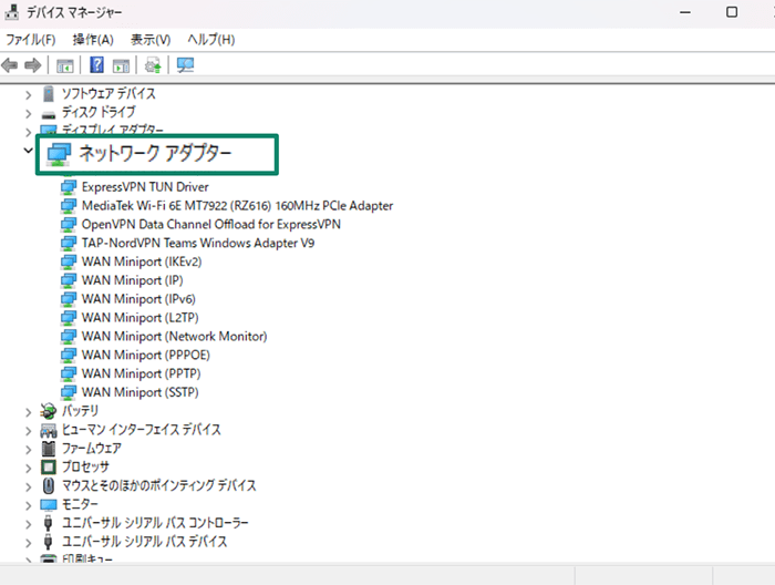 The Device Manager window, showing the Network adapters dropdown open.