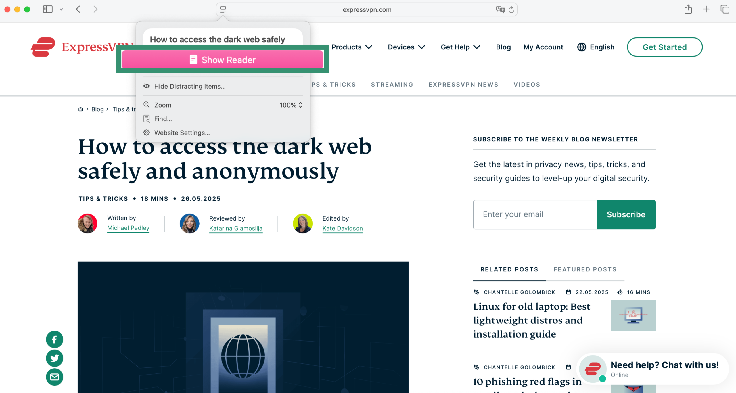 Screen showing 'Show Reader' option in Safari.