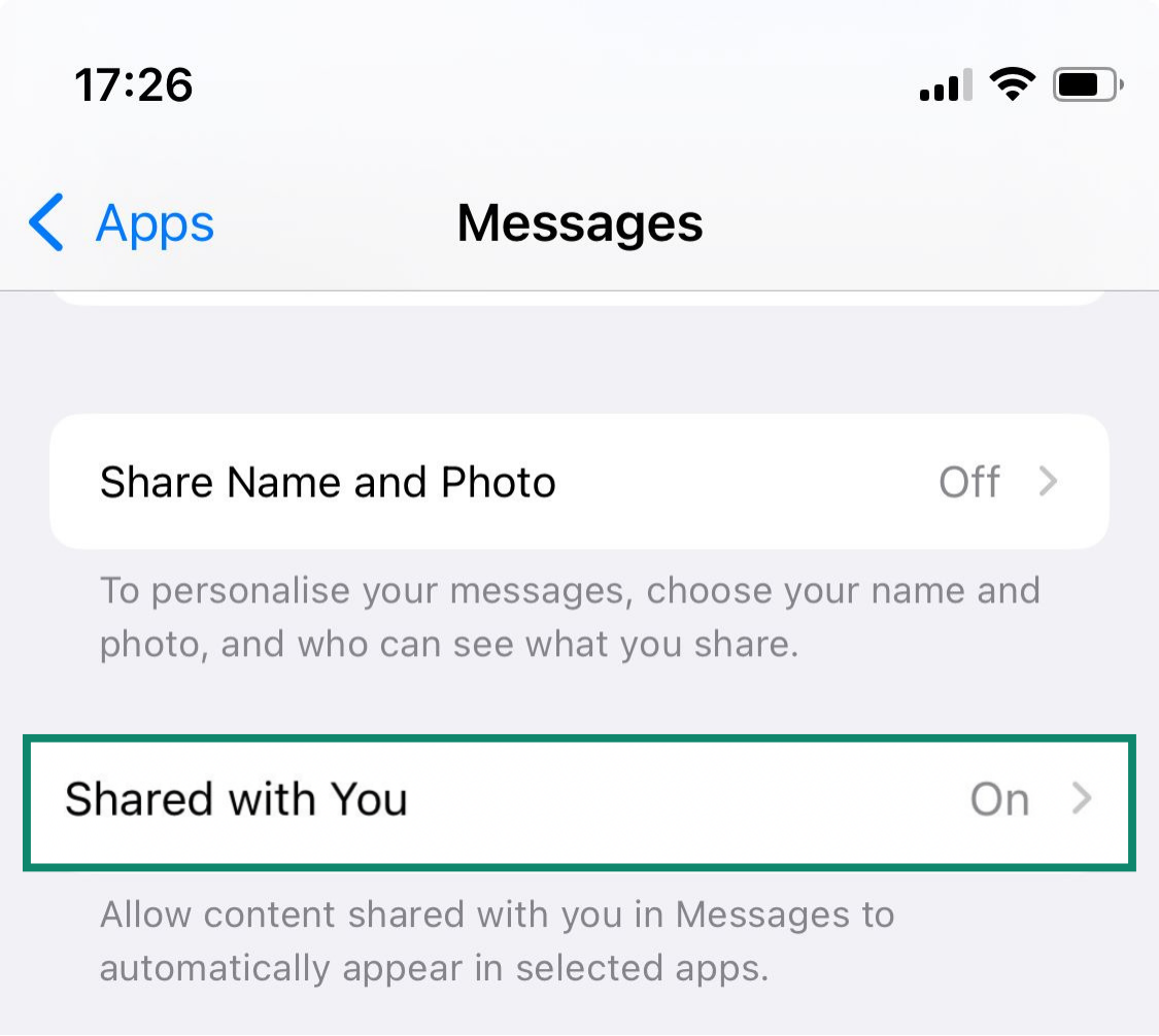The Messages settings screen on an iPhone, with the Shared with You option highlighted.