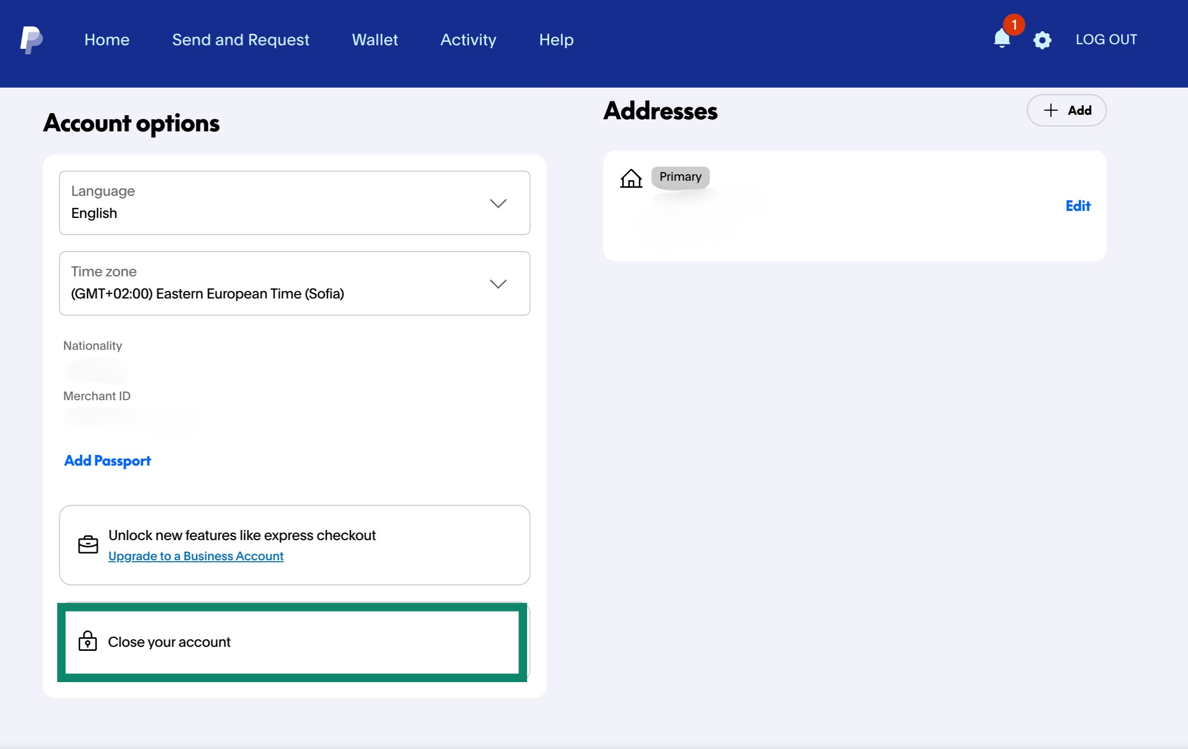 The “Account options” section, highlighting the “Close your account” button.