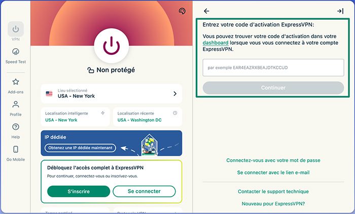 The ExpressVPN app on macOS, with a highlighted activation code field.