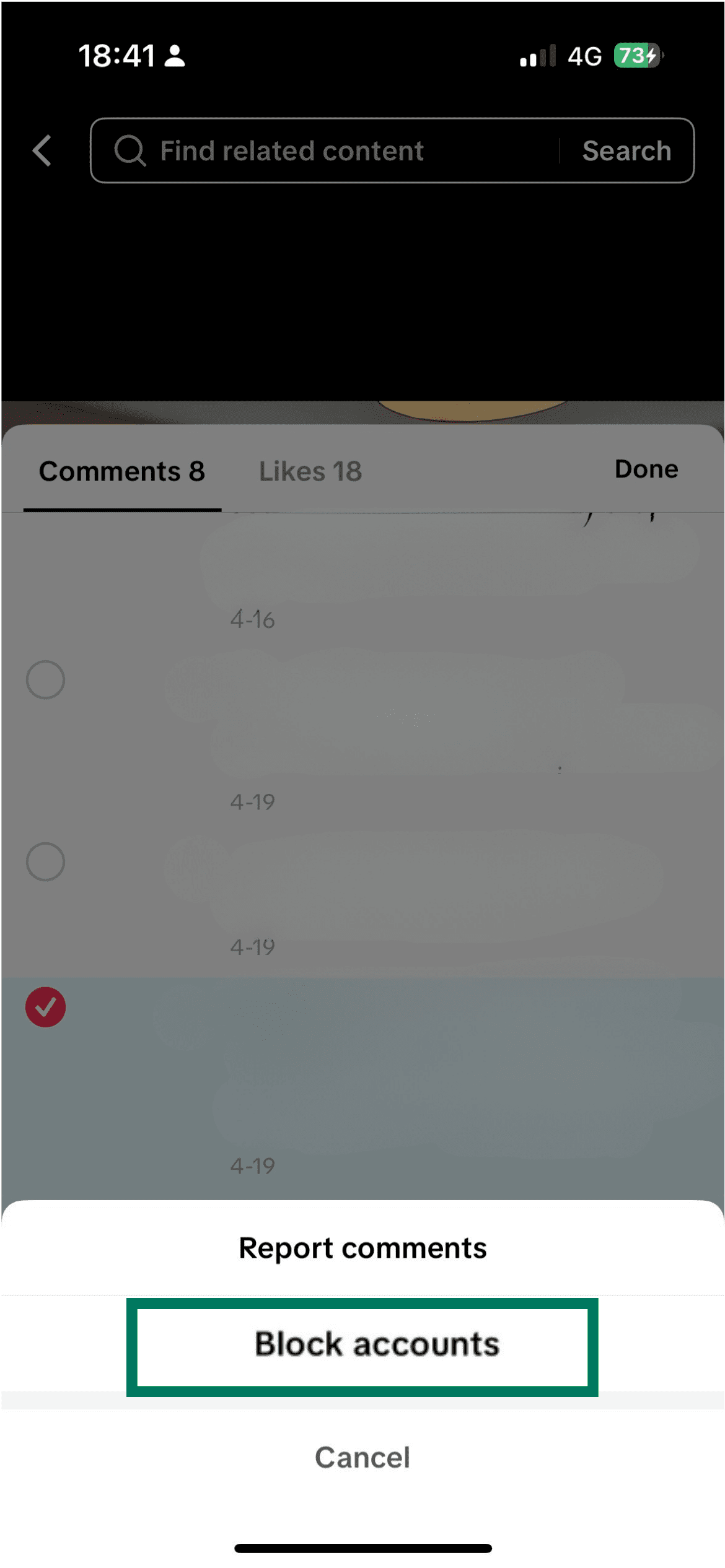 TikTok comment list with multiple comments selected and Block accounts option highlighted