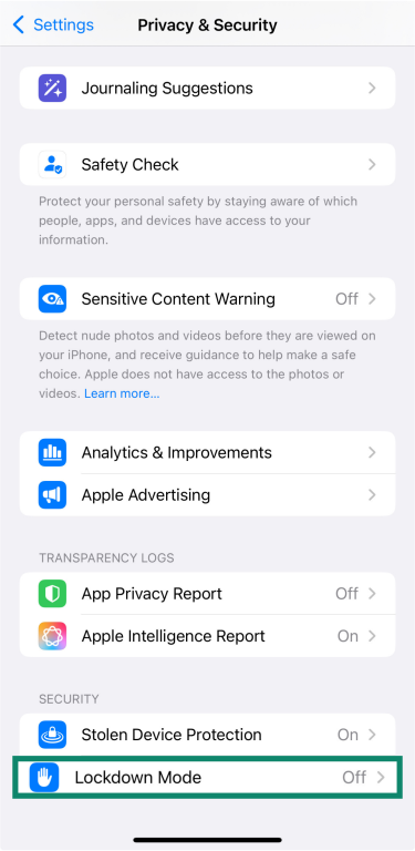 The ‘Privacy & Security’ menu in an iPhone’s settings, showing the location of the high-security ‘Lockdown Mode’ option.
