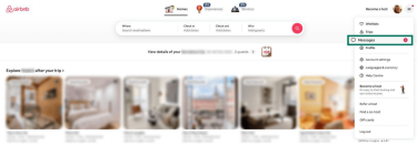 Airbnb home screen showing Messages button.