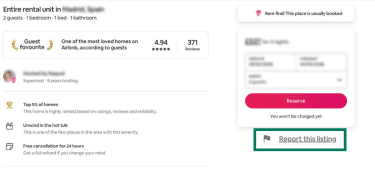 Airbnb listing page showing how to report this listing.