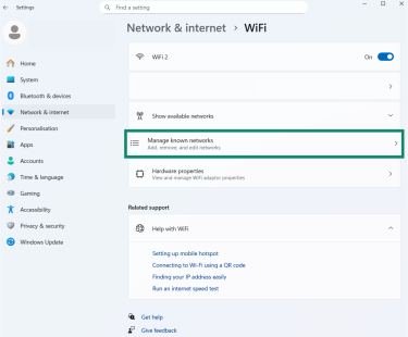 A screenshot of the WiFi settings page of the Windows Settings app.