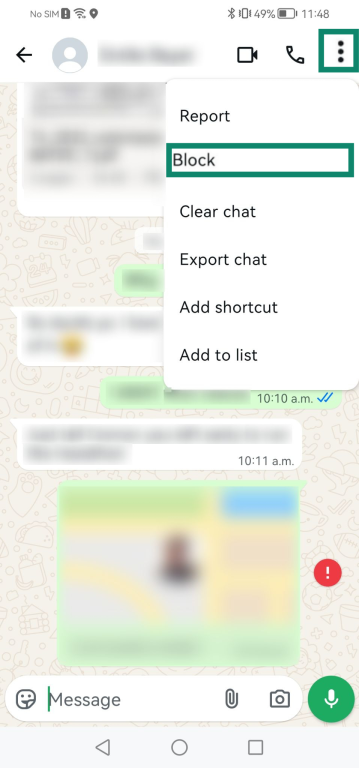 Screenshot showing Block inside the conversation settings of WhatsApp.