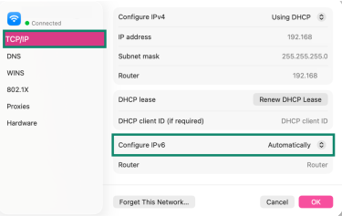 The TCP/IP tab in macOS network settings highlighted.